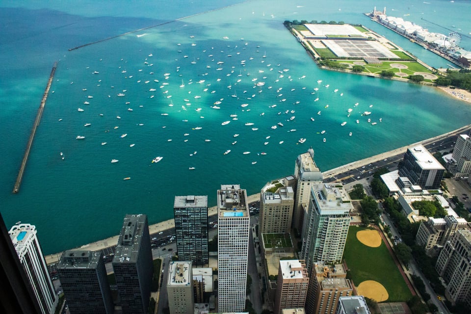 Aerial view of boats in the Chicago Playpen anchorage beside Navy Pier and the lakefront
