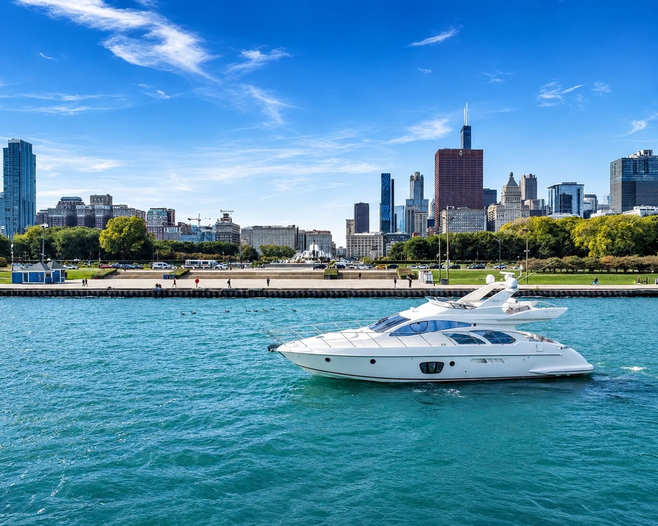 White charter yacht on Lake Michigan beside Chicago’s skyline and Buckingham Fountain